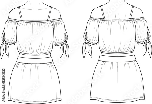 Off shoulder summer dress technical fashion flat, front and back view with short sleeve tie and elastic waist design