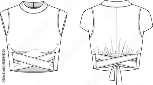 Modern sleeveless crop top vector template with high neck, crisscross wrap front, tie back design fashion illustration