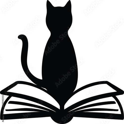 Silhouette of a black cat sitting on an open book, creating a simple and elegant design