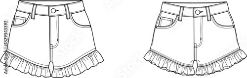 Ruffle hem denim shorts illustration, front and back fashion template, detailed garment sketch for apparel design, stylish clothing artwork