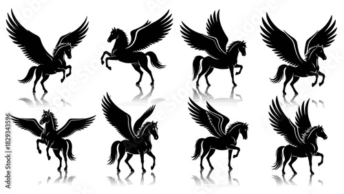 Elegant Pegasus Silhouettes: A Collection of Mythical Winged Horse Illustrations perfect for design