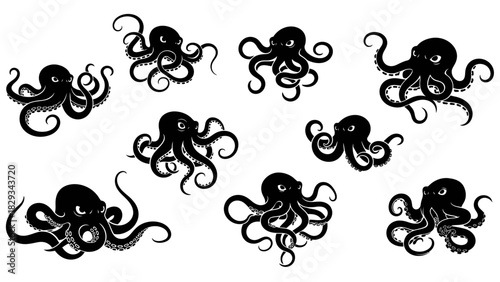 Seamless pattern of stylized black octopus illustration on white background offering a modern and