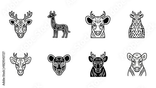 Monochrome vector illustration featuring various animal heads and one animal body in minimalist