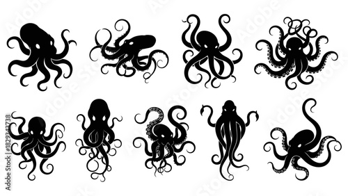 Diverse silhouettes of octopuses in vector format ready for creative designs usage
