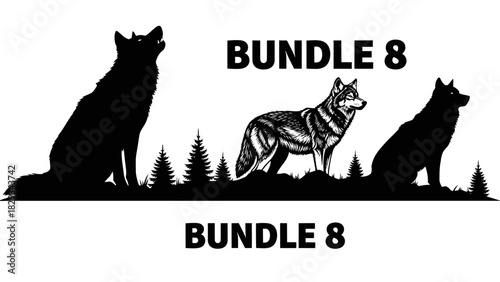 Wolf Pack Bundle 8: Silhouette Illustration of Wolves in a Forest Landscape Collection