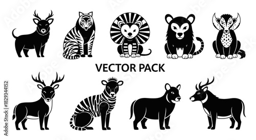 Vector pack with monochrome images of different animals, including deer, tiger, and lion