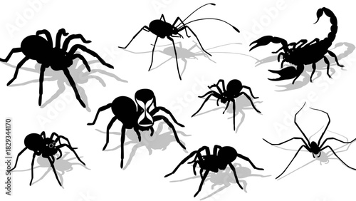 Creepy crawlies collection of silhouette arachnids and scary scorpion on white background creepy