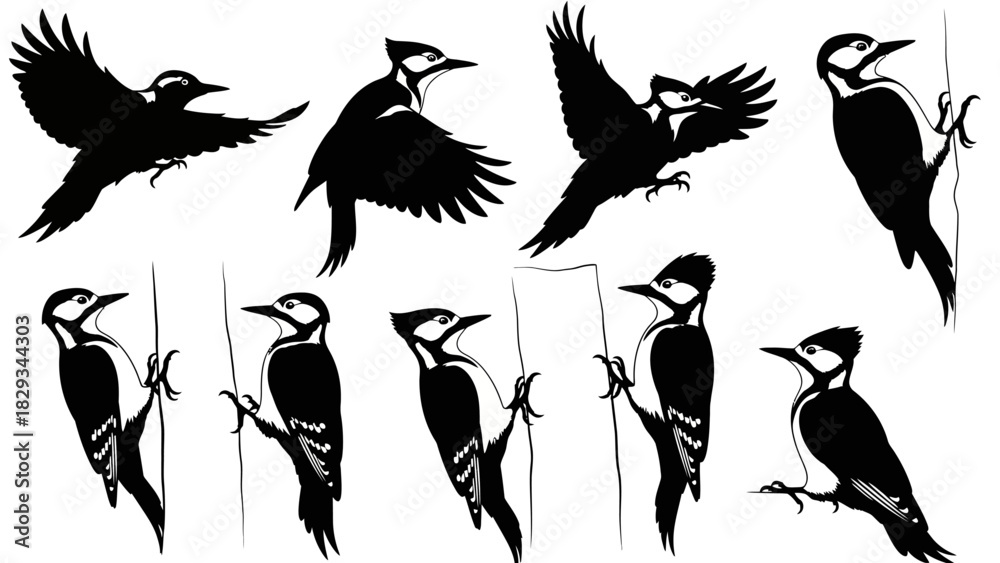 Obraz premium Elegant Black and White Silhouette Collection of Woodpecker Birds in Various Poses