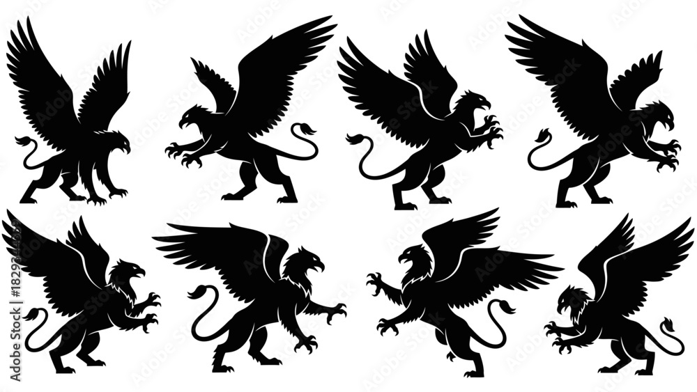 Fototapeta premium Elegant silhouettes of mythical griffin creatures in various dynamic poses isolated