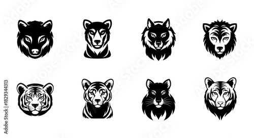 Collection of vector illustrations featuring stylized animal head portraits in black and white