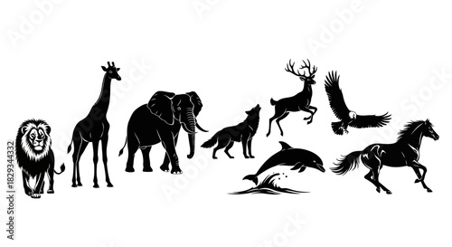 Collection of vector silhouettes featuring diverse wildlife animals with elegant minimalistic design