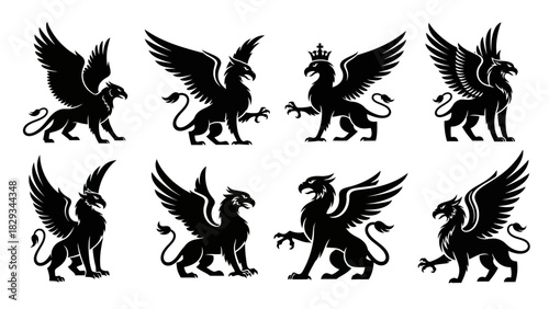 Collection of heraldic griffins, mythical creatures with the body of a lion and head of an eagle