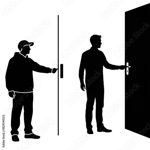 Black silhouette of a person opening a door, simple transitional moment, minimal everyday scene, transparent background.svg