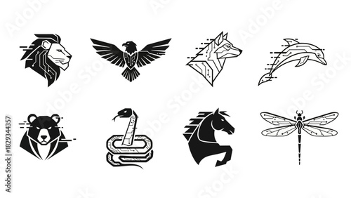 Monochrome animal logos with circuit patterns representing technological integration and innovation