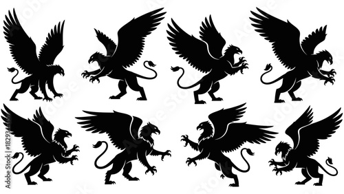 Elegant silhouettes of mythical griffin creatures in various dynamic poses isolated
