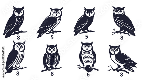 Collection of stylized owl silhouettes perched on branches in a monochrome graphic design