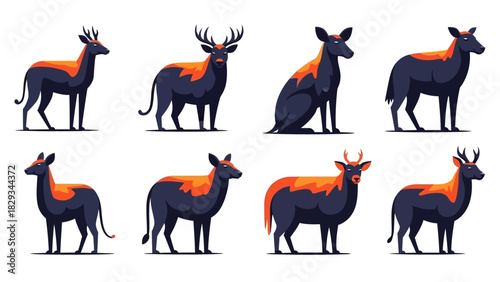 Stylized deer illustration set showcasing various poses and antler configurations for design