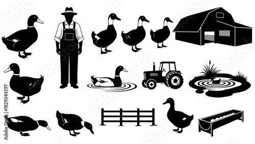 Black and white farm life illustration showcasing a farmer, ducks, and farm equipment, evoking a