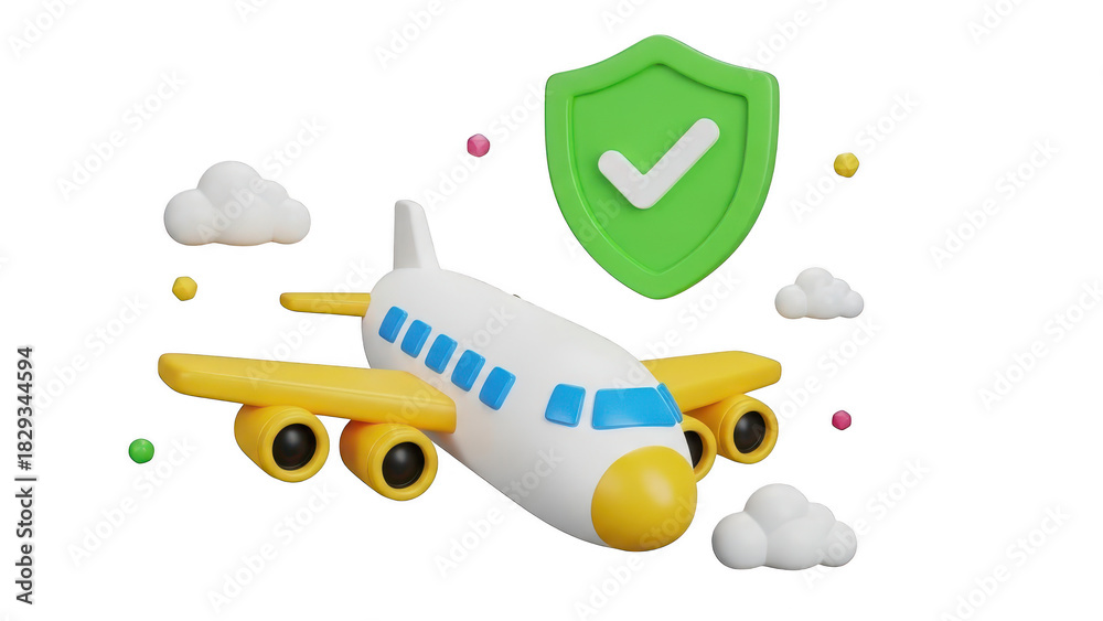 Naklejka premium 3d cartoon airplane with green shield and checkmark symbolizing safe and secure travel insurance concept isolated on transparent background