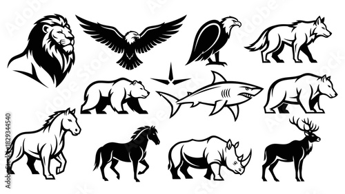 Collection of diverse wildlife in black and white outlines, animals illustrations for logo design