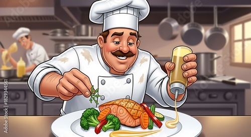 Chef Garnishing Salmon Dish in Restaurant Kitchen Illustration.