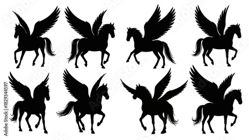 Silhouette Set of Majestic Pegasus in various poses, representing mythic creatures in vector art
