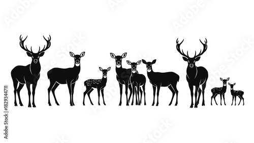 Silhouette of deer family, showcasing elegant wildlife illustration in black and white format