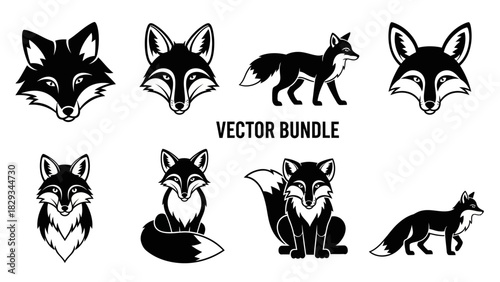 Black and White Vector Fox Illustration Set for Graphic Design Projects and Wildlife Conservation