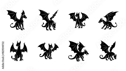 Collection of eight different dragon silhouettes in various poses showcasing mythical creatures
