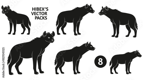Vector illustration presenting a variety of hyena silhouettes on a white background perfect for