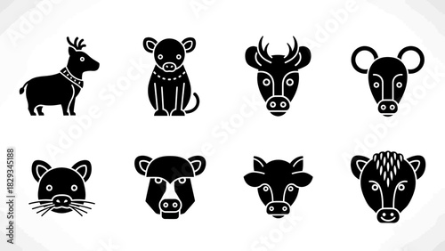Collection of cute animal icon illustrations in glyph style, minimalist and modern style for