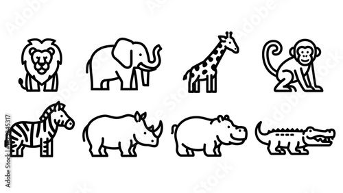 Minimalist Icons of African Safari Animals Lion Elephant Giraffe and More Cartoon Style Set