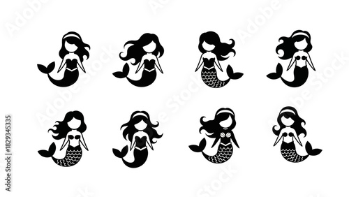 Silhouette of eight black and white mermaid illustrations in a playful and charming arrangement