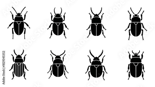 Collection of stylized beetle silhouettes on a clean white background displaying diversity