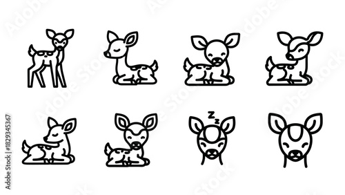 Collection of stylized line art fawn illustrations in various poses on white background