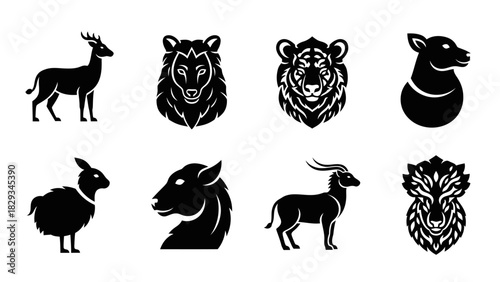Elegant collection of stylized black and white animal icons for graphic design projects