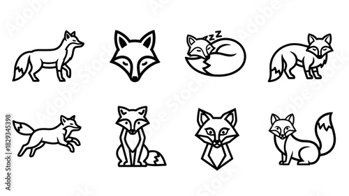 Collection of minimalist fox illustrations showcasing various poses and expressions