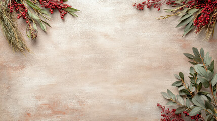 Festive botanical border with red berries and eucalyptus on textured neutral background