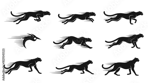 Collection of sleek panther silhouettes showcasing agility and speed for design assets