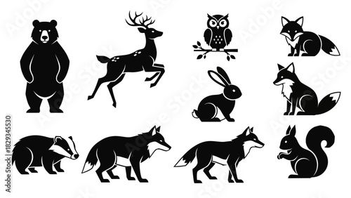 Black and white vector illustration of woodland animals for wildlife design projects and graphic