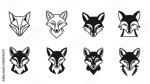 Various fox head logos in black and white ideal for branding and designs featuring wildlife themes