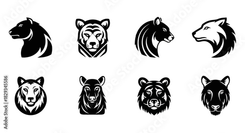 Monochrome vector illustrations of diverse wild animal heads in an appealing design