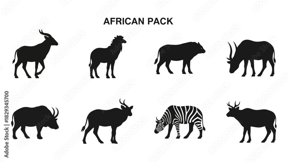 Fototapeta premium Elegant African Wildlife Silhouettes: Diverse Animal Pack for Creative Design Resources