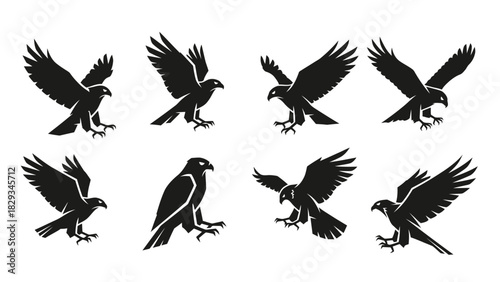 Set of eight stylized black eagle silhouettes depicting various poses and flight patterns