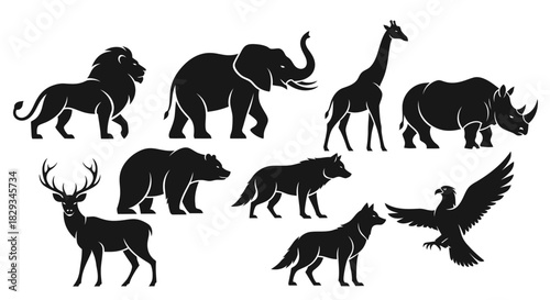 Silhouette illustration of various animals including lion, elephant, wolf, and rhinoceros