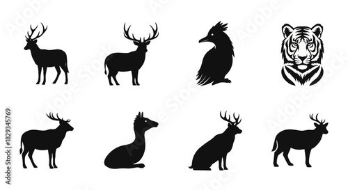 Silhouette Collection of Wild Animals Featuring Deer, Bird, and Tiger Illustrations