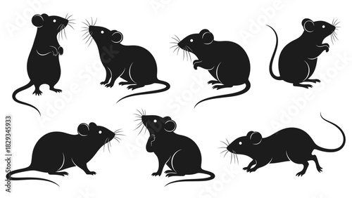 Elegant silhouettes of black rats in various poses against a clean white backdrop