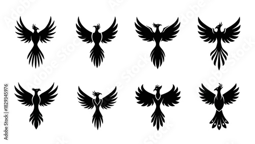 Diverse Phoenix Bird Silhouette Set: A Collection of Mythical Avian Designs for Creative Projects