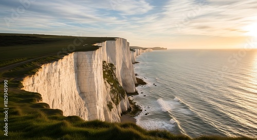 Stunning sunset over the iconic Seven Sisters cliffs in England, with golden light illuminating the white chalk cliffs and the calm sea.