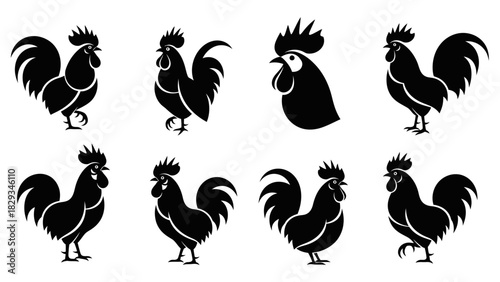 Set of stylish black rooster silhouettes illustrating farm animals and poultry designs
